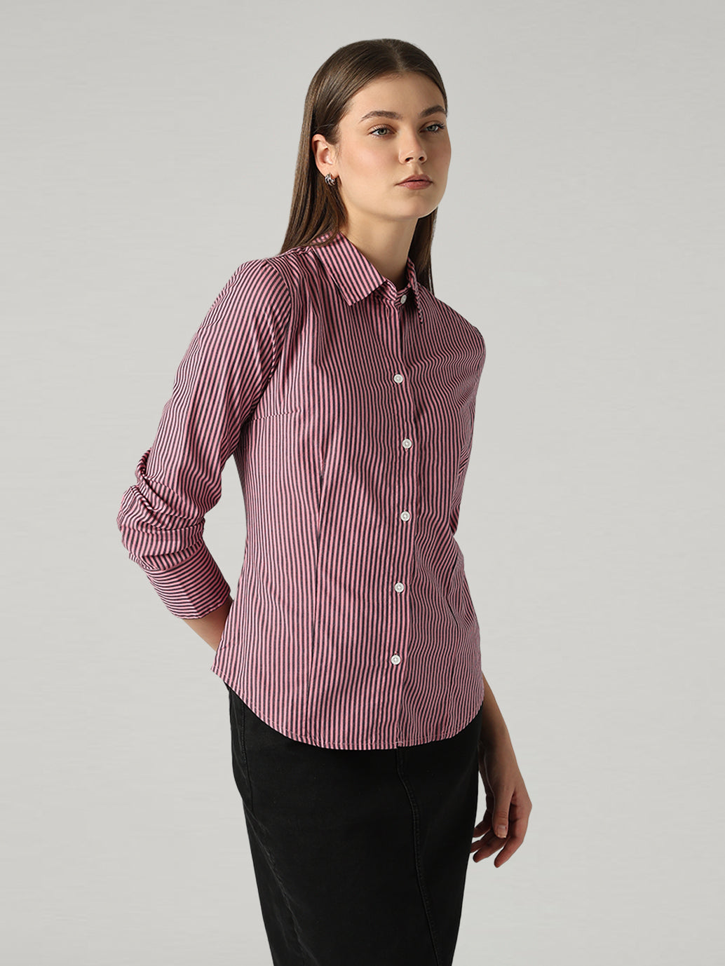 Women's Striped Slim Fit Poplin Shirt - Side View