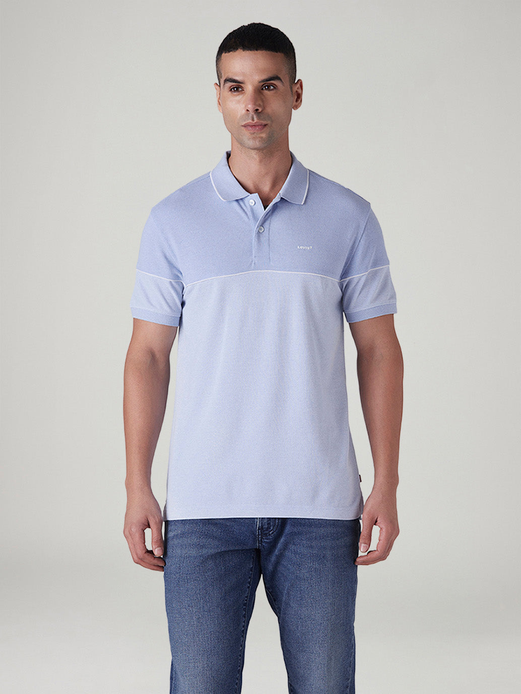 Men's Colorblock Light Blue Pique Polo T-shirt - Front View