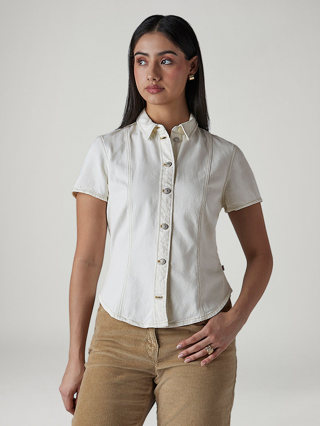 Women's Solid Regular Fit Denim Shirt - Front View