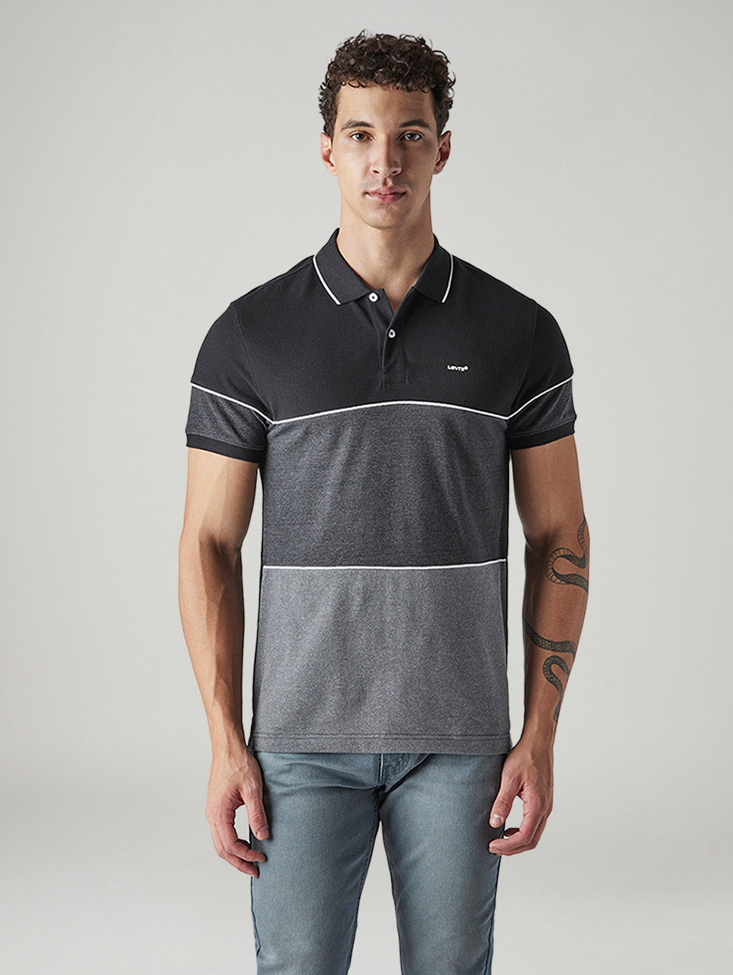 Men's Striped Black Pique Polo T-shirt - Front View