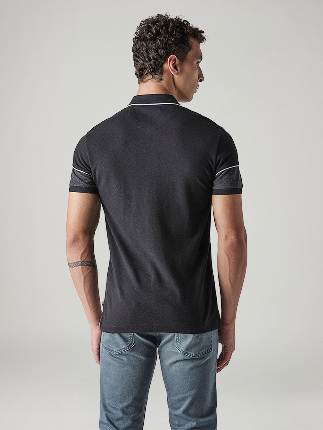 Men's Striped Black Pique Polo T-shirt - Back View