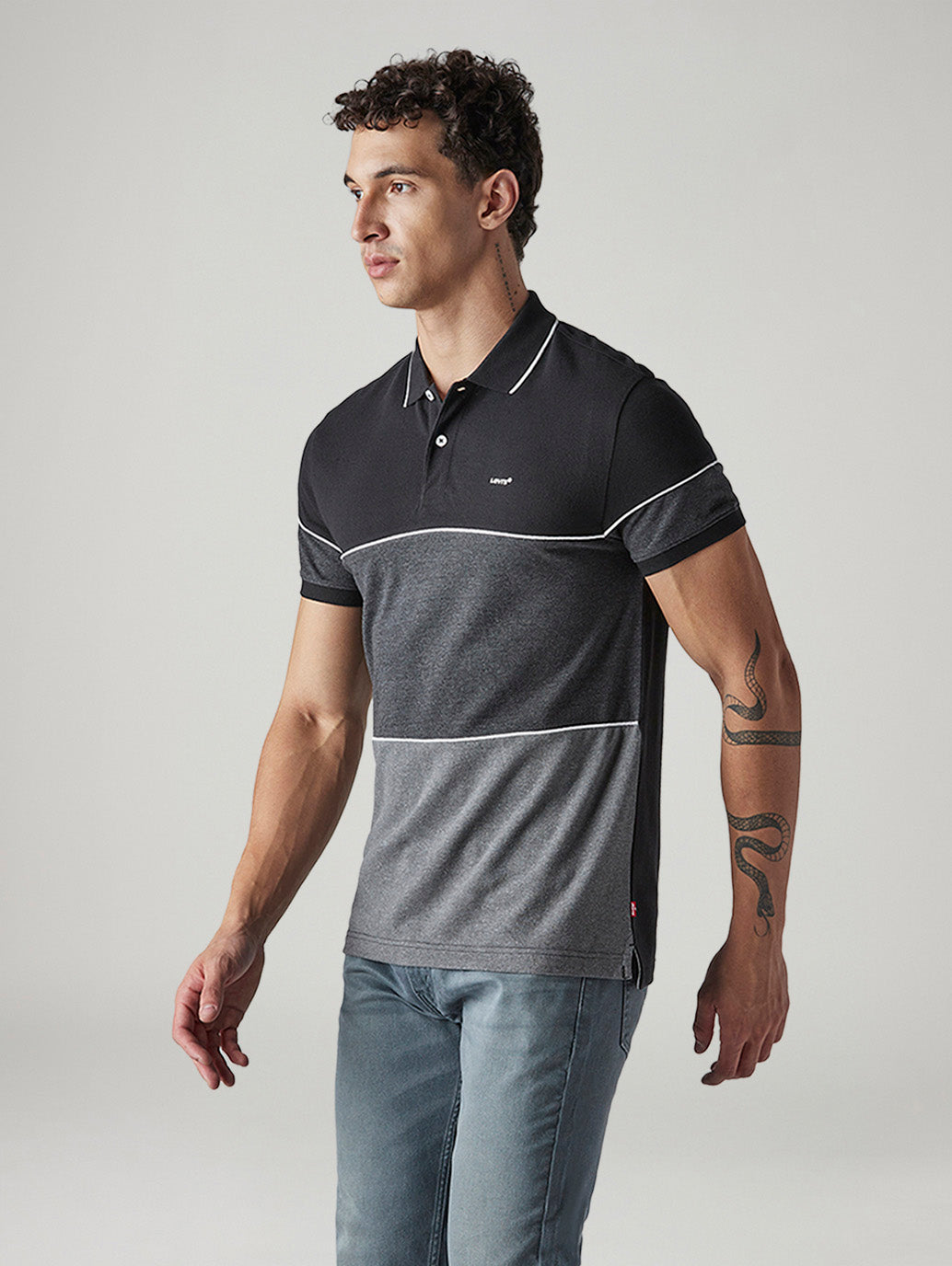 Men's Striped Black Pique Polo T-shirt - Side View
