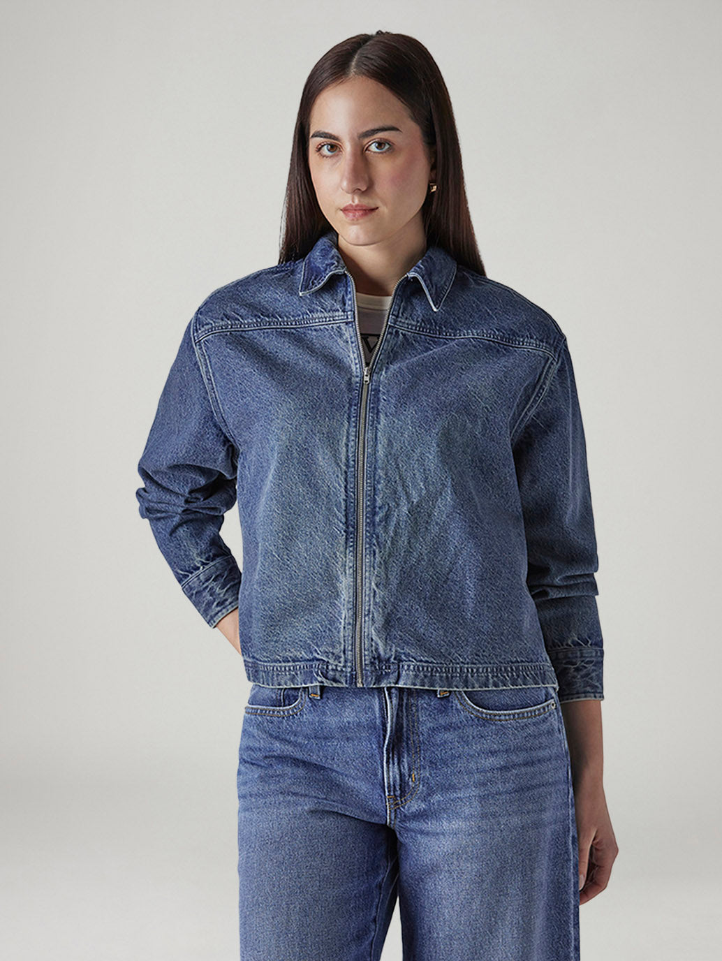 Women's Solid Regular Fit Denim Jacket - Front View
