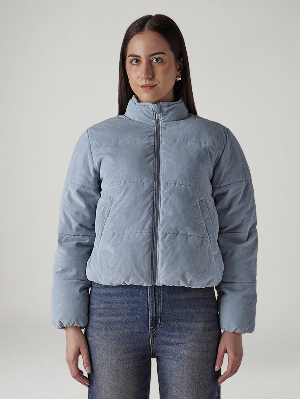 Women's Solid Relaxed Fit Puffer Jacket - Front View
