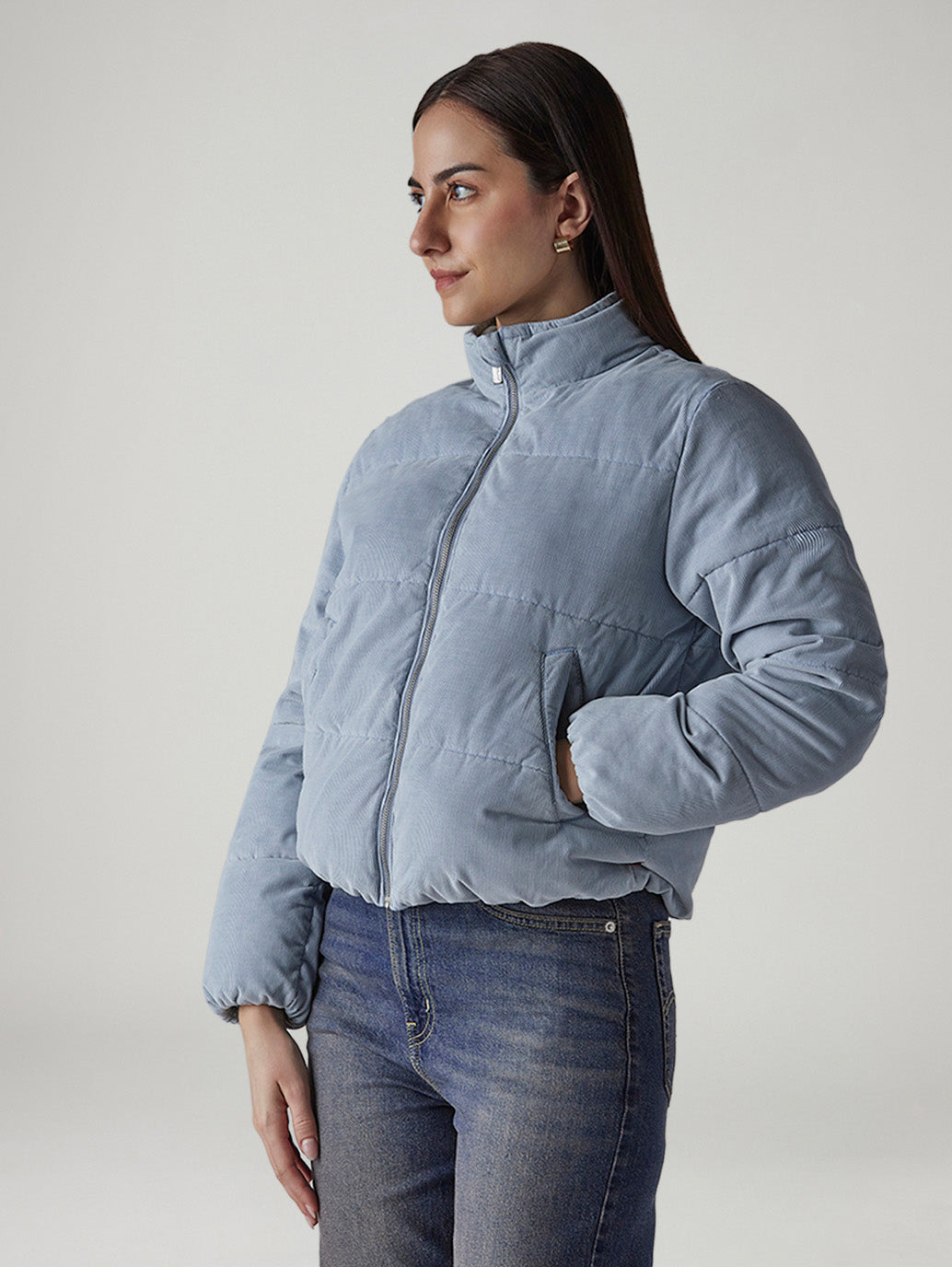 Women's Solid Relaxed Fit Puffer Jacket - Side View