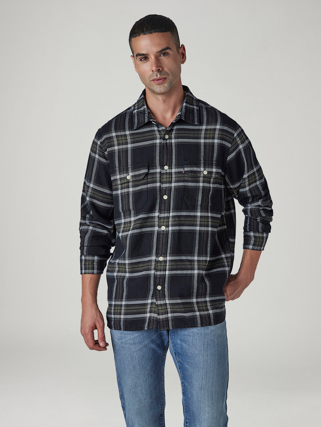Men's Checkered Relaxed Fit Flannel Shirt - Front View