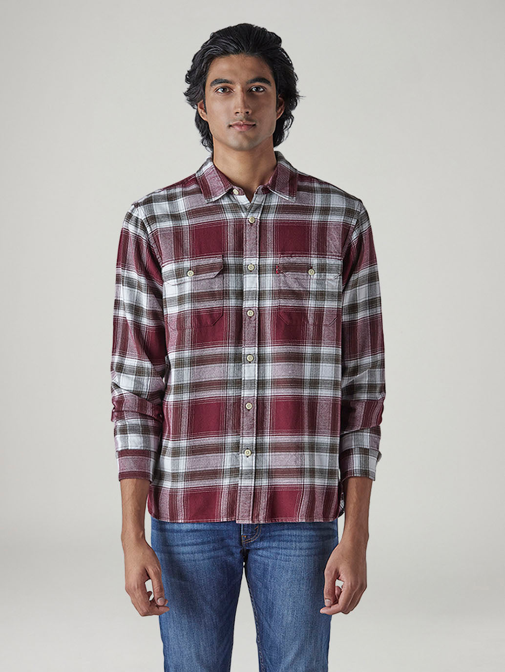 Men's Checkered Relaxed Fit Flannel Shirt - Front View