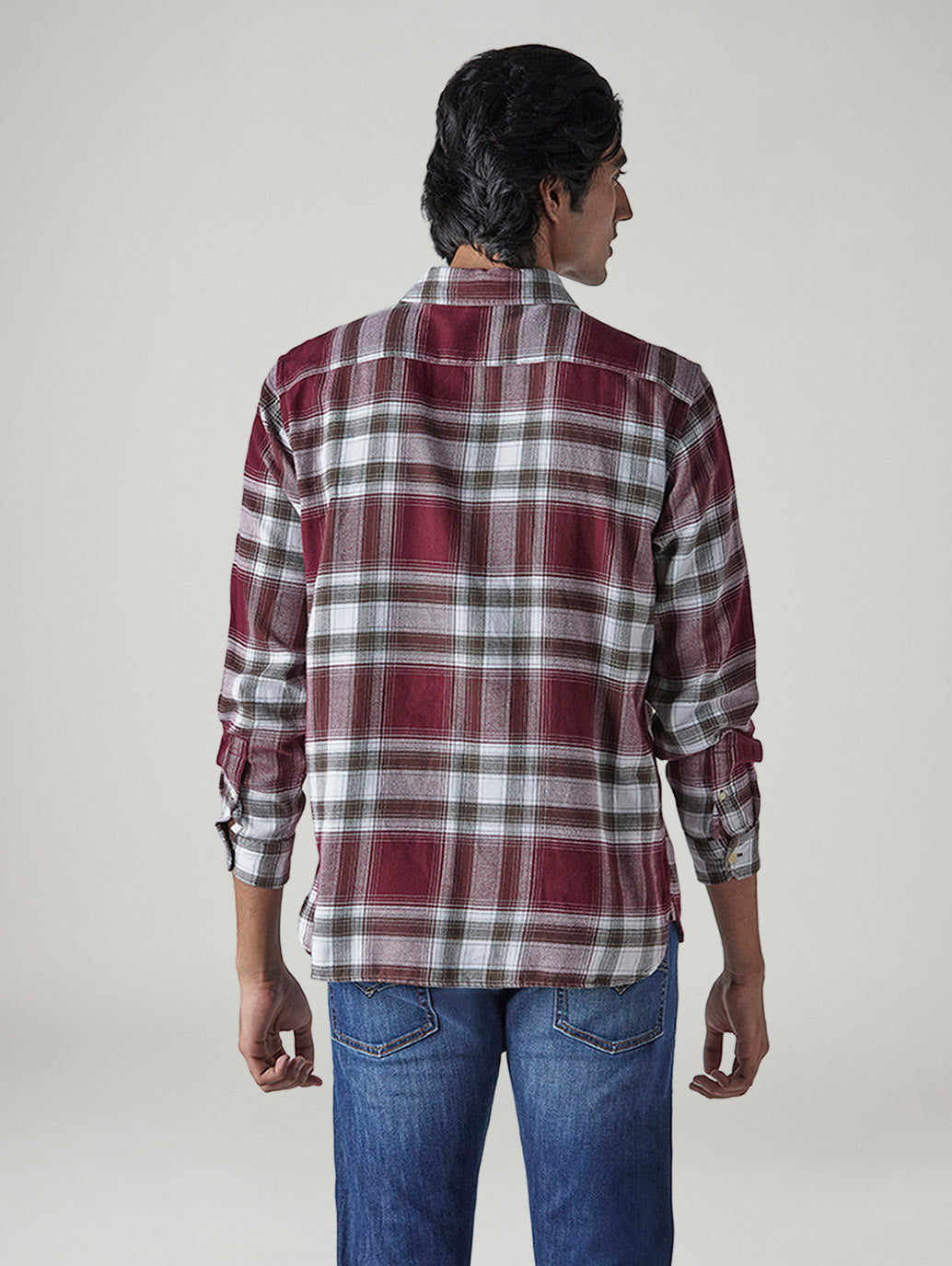 Men's Checkered Relaxed Fit Flannel Shirt - Back View