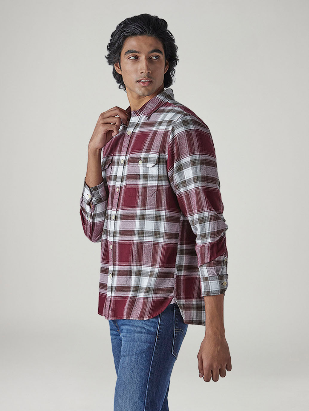 Men's Checkered Relaxed Fit Flannel Shirt - Side View