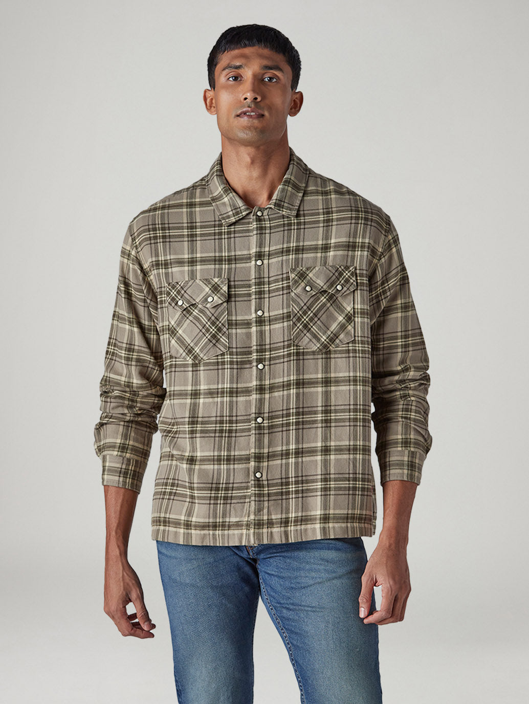 Men's Checkered Relaxed Fit Flannel Shirt - Front View