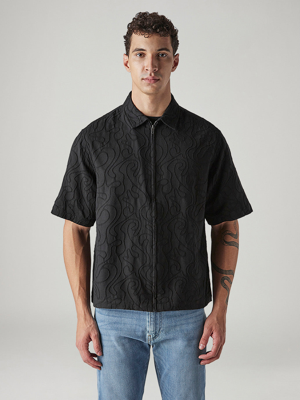 Men's Embroidered Boxy Fit Dobby Shirt - Front View