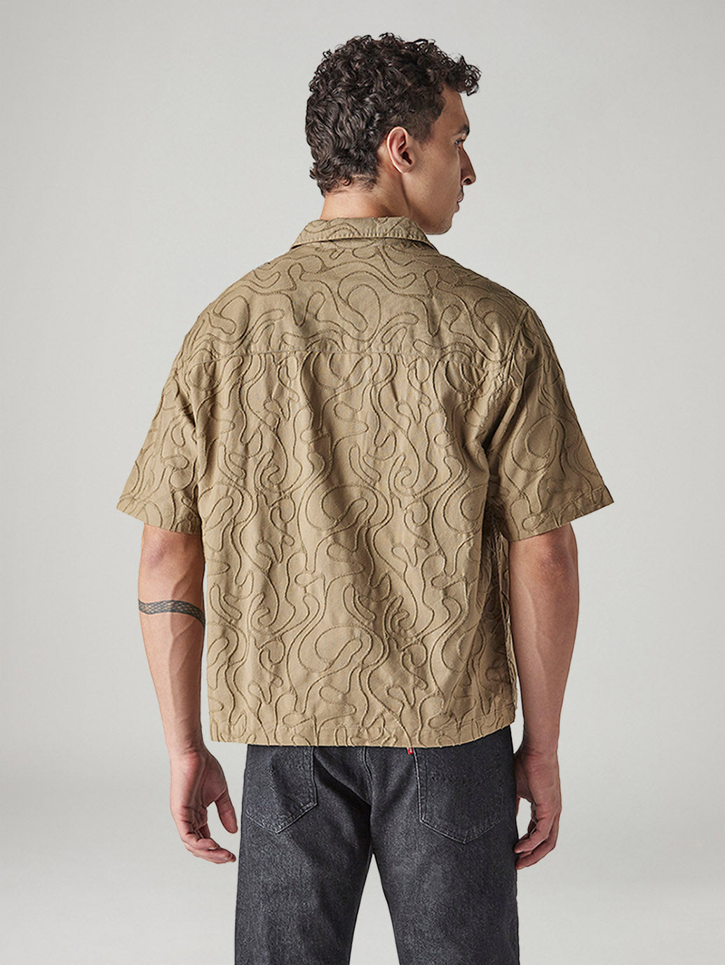 Men's Embroidered Boxy Fit Dobby Shirt - Back View