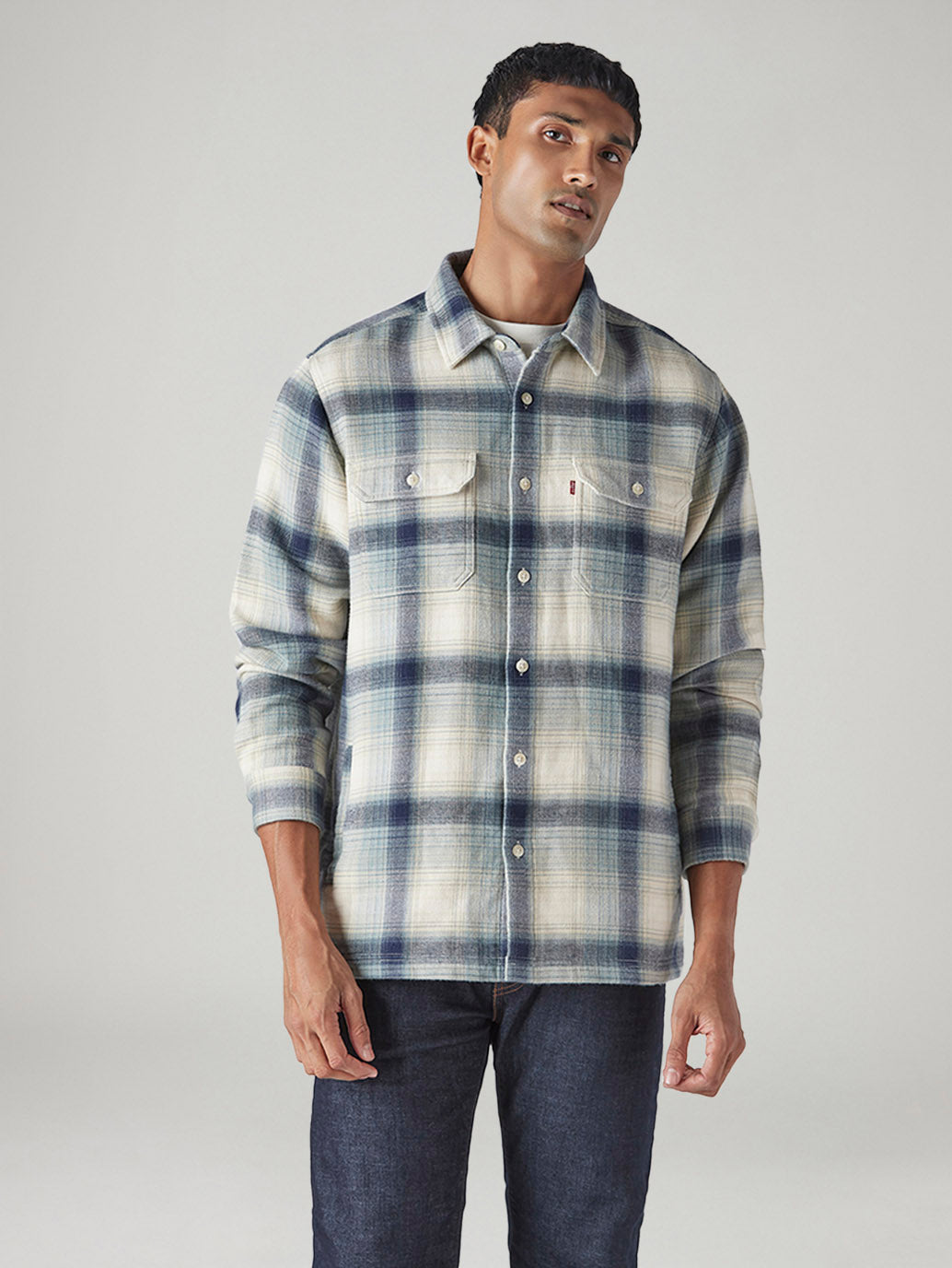 Men's Checkered Relaxed Fit Double Cloth Flannel Shirt - Front View
