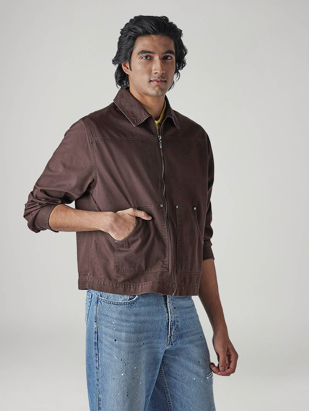 Men's Solid Brown Zip Collar Shacket - 20 View