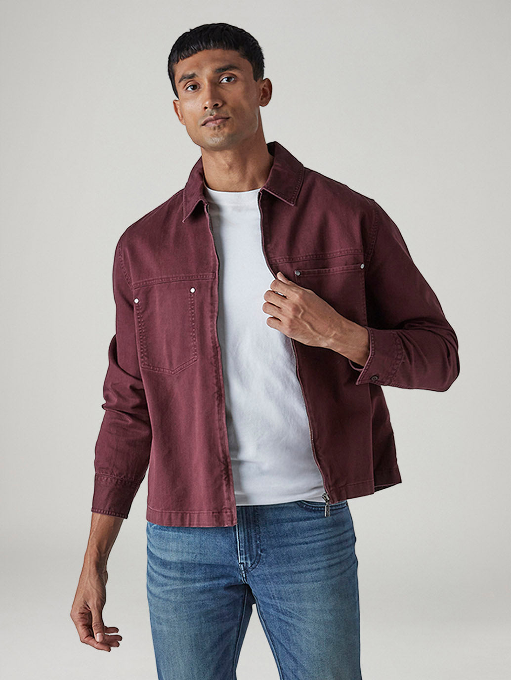 Men's Solid Maroon Zipper Shacket