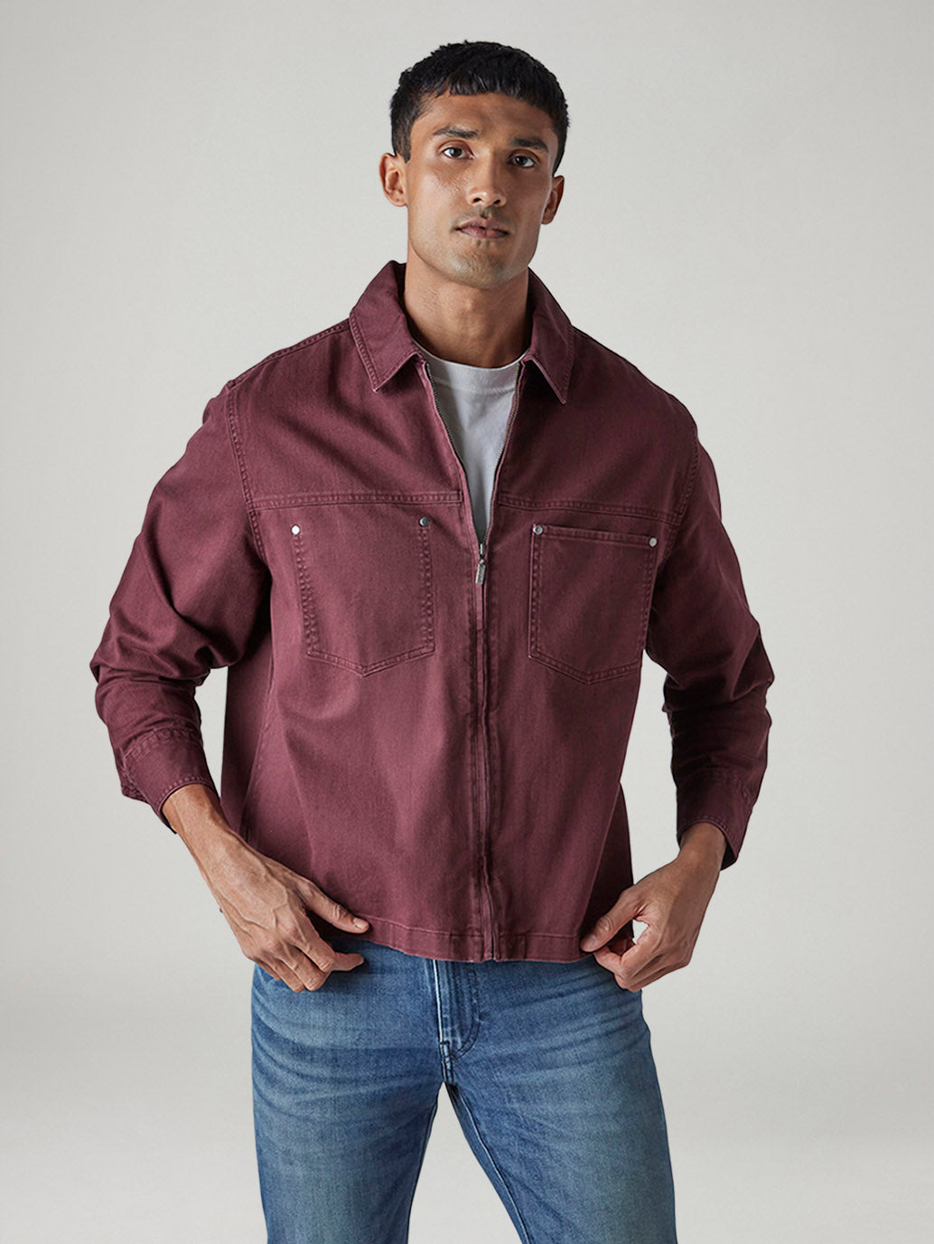 Men's Solid Maroon Zipper Shacket - Front View