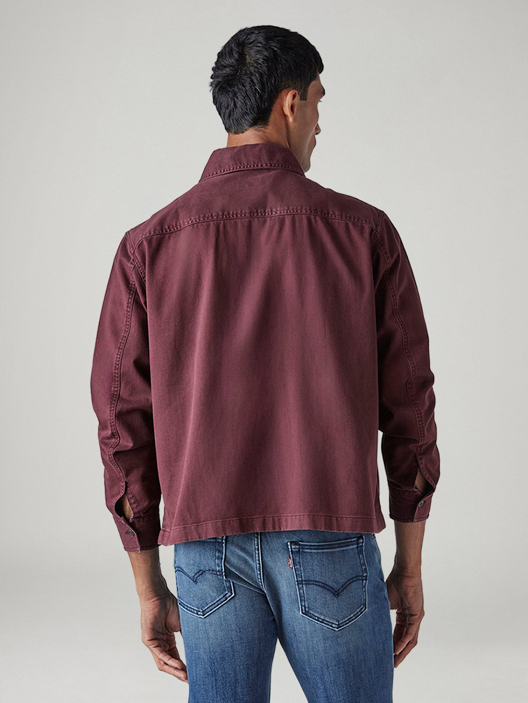 Men's Solid Maroon Zipper Shacket - Back View