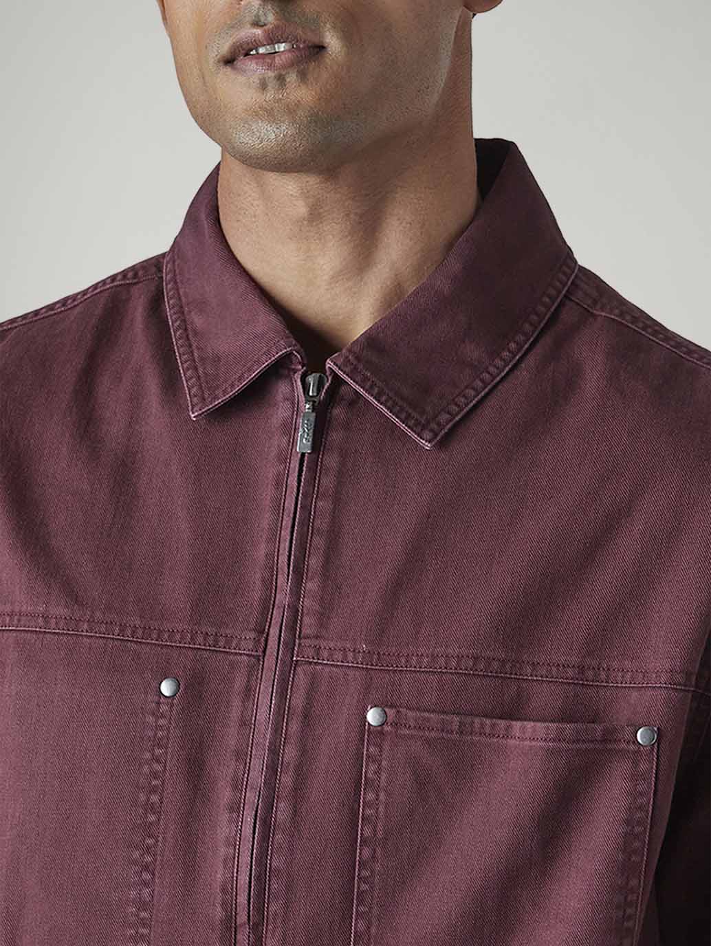 Men's Solid Maroon Zipper Shacket - 20 View