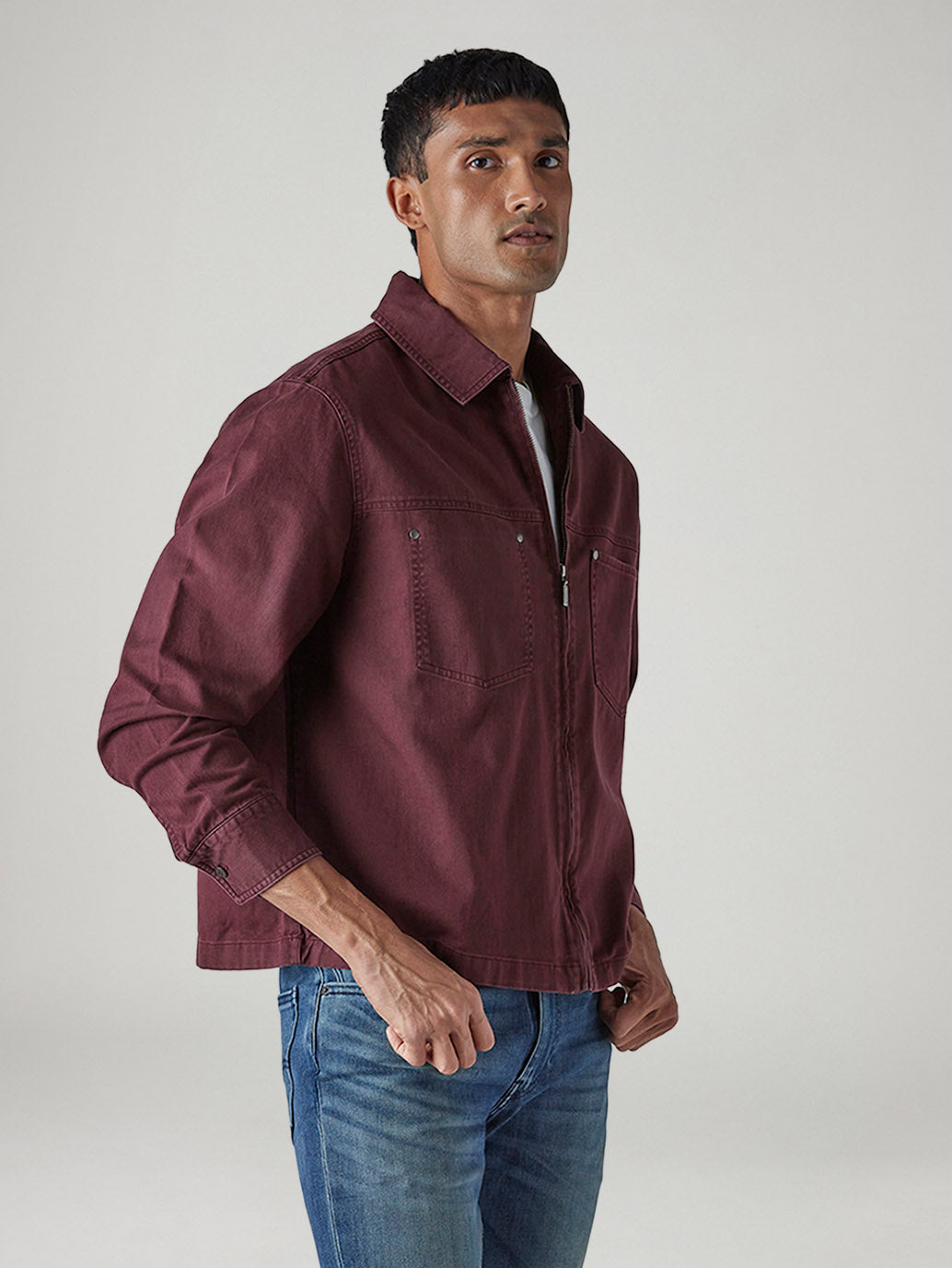Men's Solid Maroon Zipper Shacket - Side View