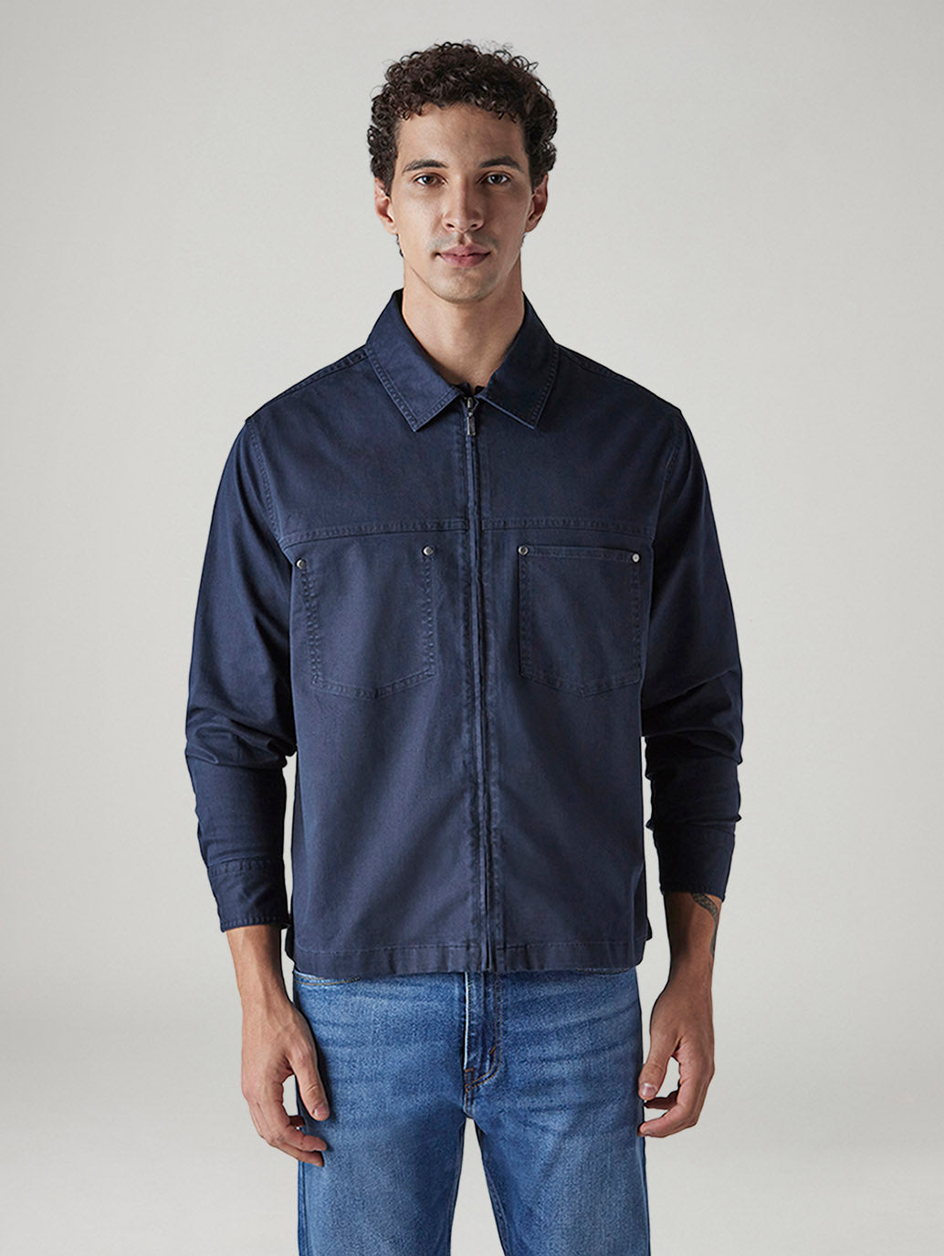 Men's Solid Navy Shacket - Front View