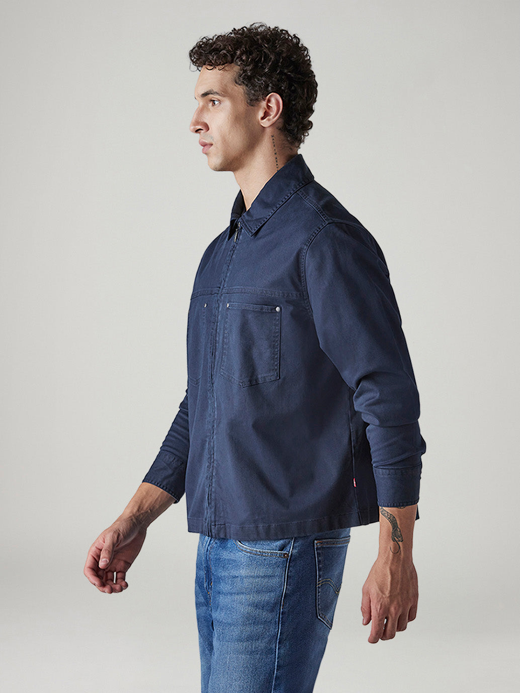 Men's Solid Navy Shacket - Side View