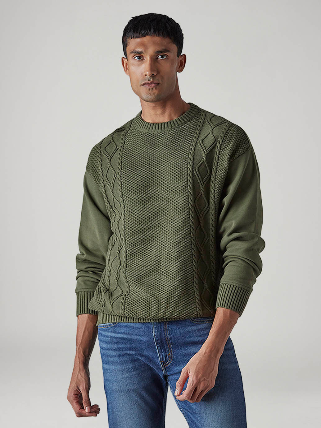 Men's Solid Olive Crew Neck Sweater - 20 View