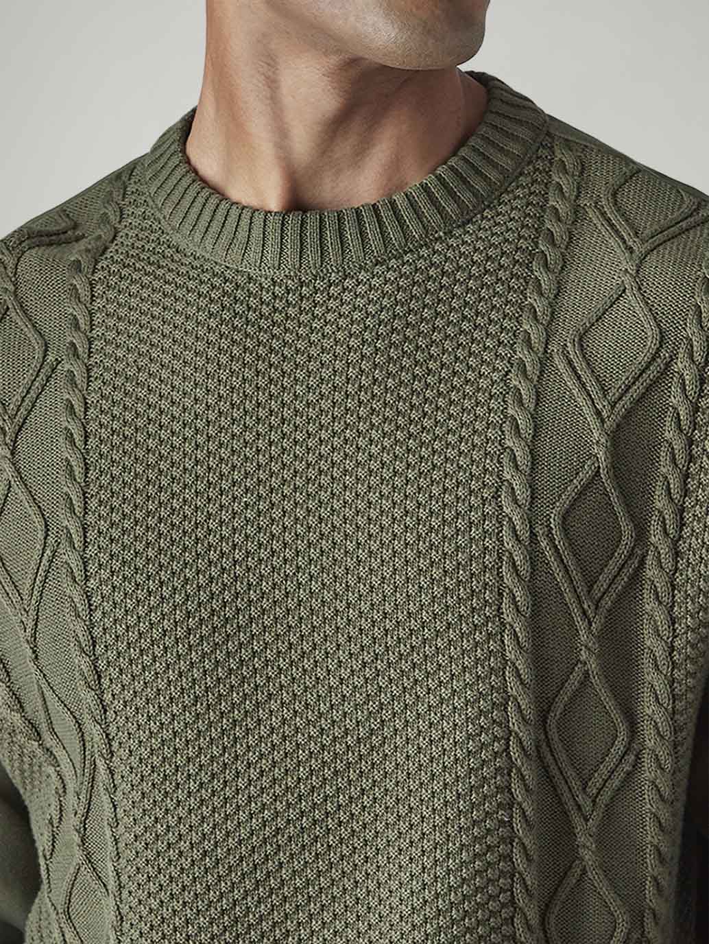 Men's Solid Olive Crew Neck Sweater - 20 View