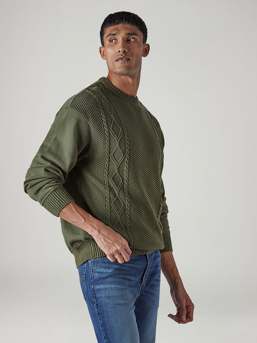 Men's Solid Olive Crew Neck Sweater - 20 View