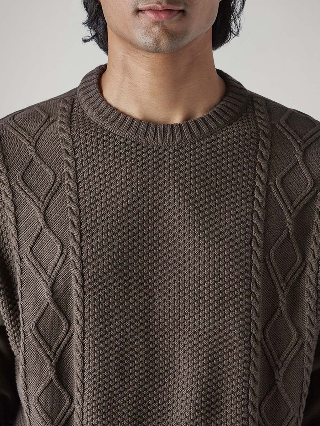 Men's Solid Brown Crew Neck Sweater - Detail View