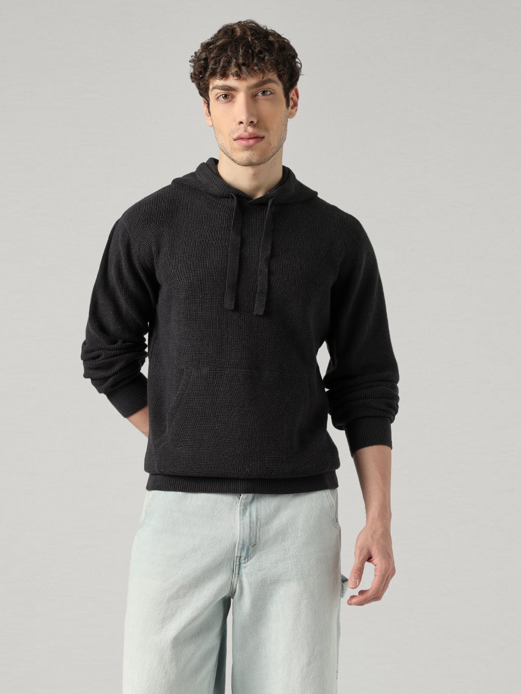 Men's Textured Regular Fit Hooded Sweater - Front View