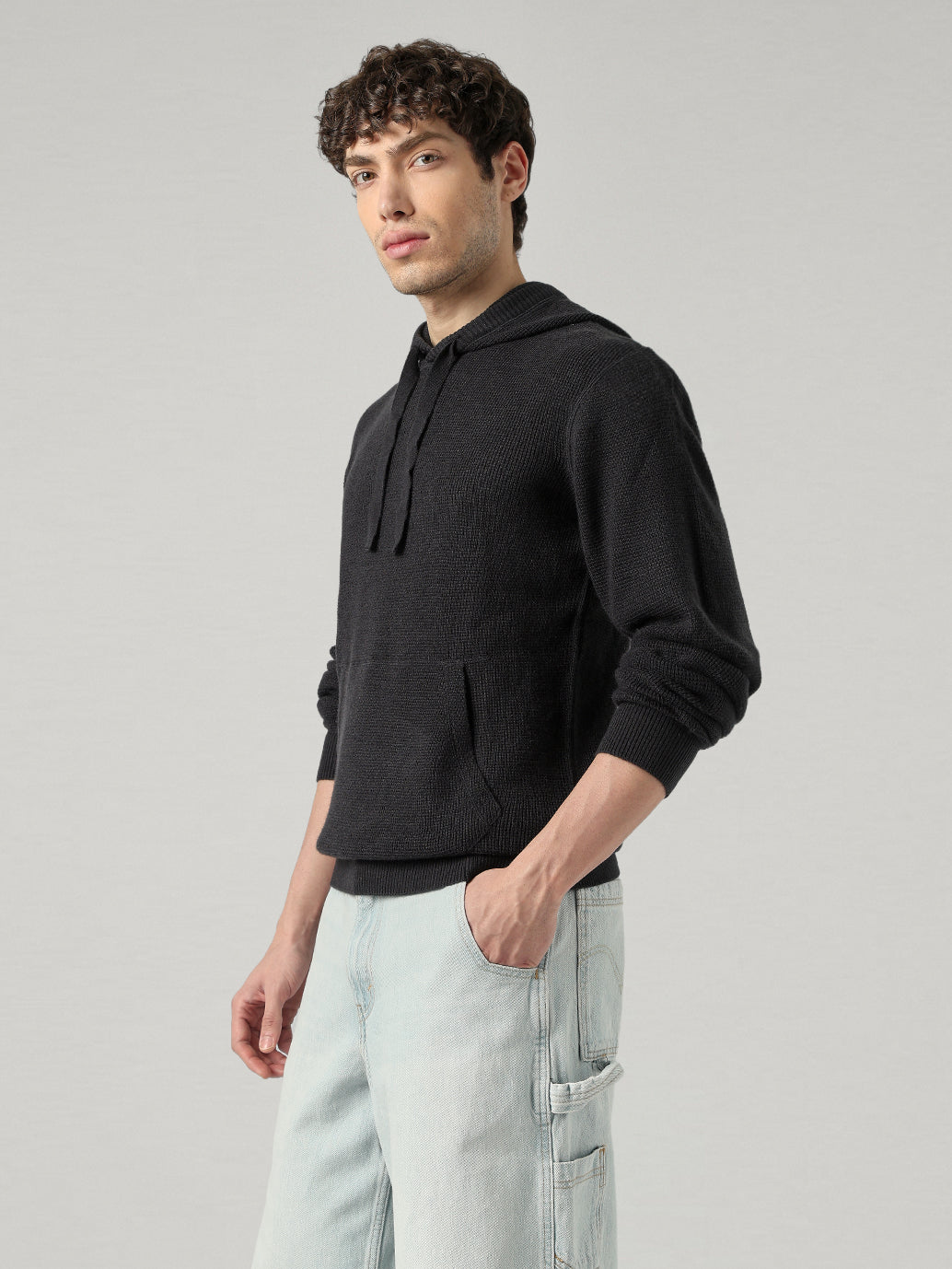 Men's Textured Regular Fit Hooded Sweater - Side View