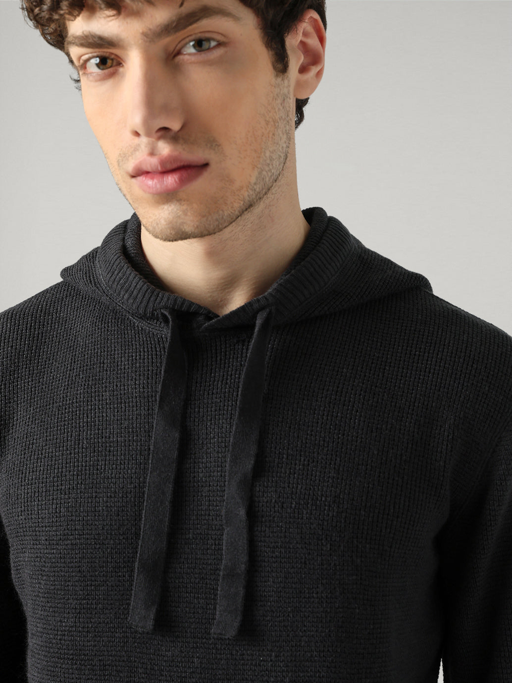 Men's Textured Regular Fit Hooded Sweater - Detail View