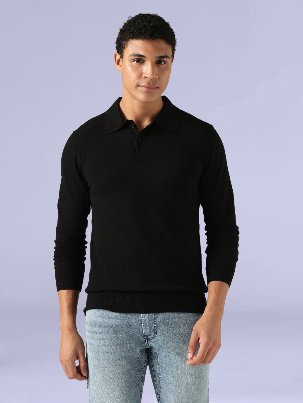 Men's Redloop Black Slim Linen Polo T-shirt - Front View