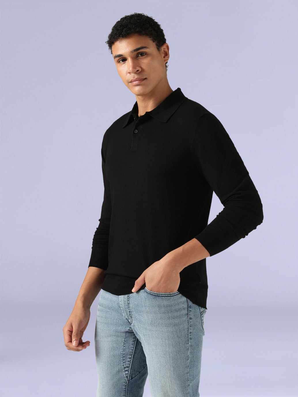 Men's Redloop Black Slim Linen Polo T-shirt - SIde View