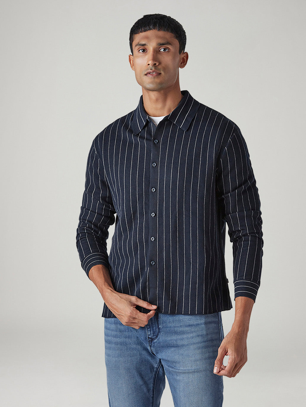 Men's Striped Slim Fit Redloop Shirt - Front View