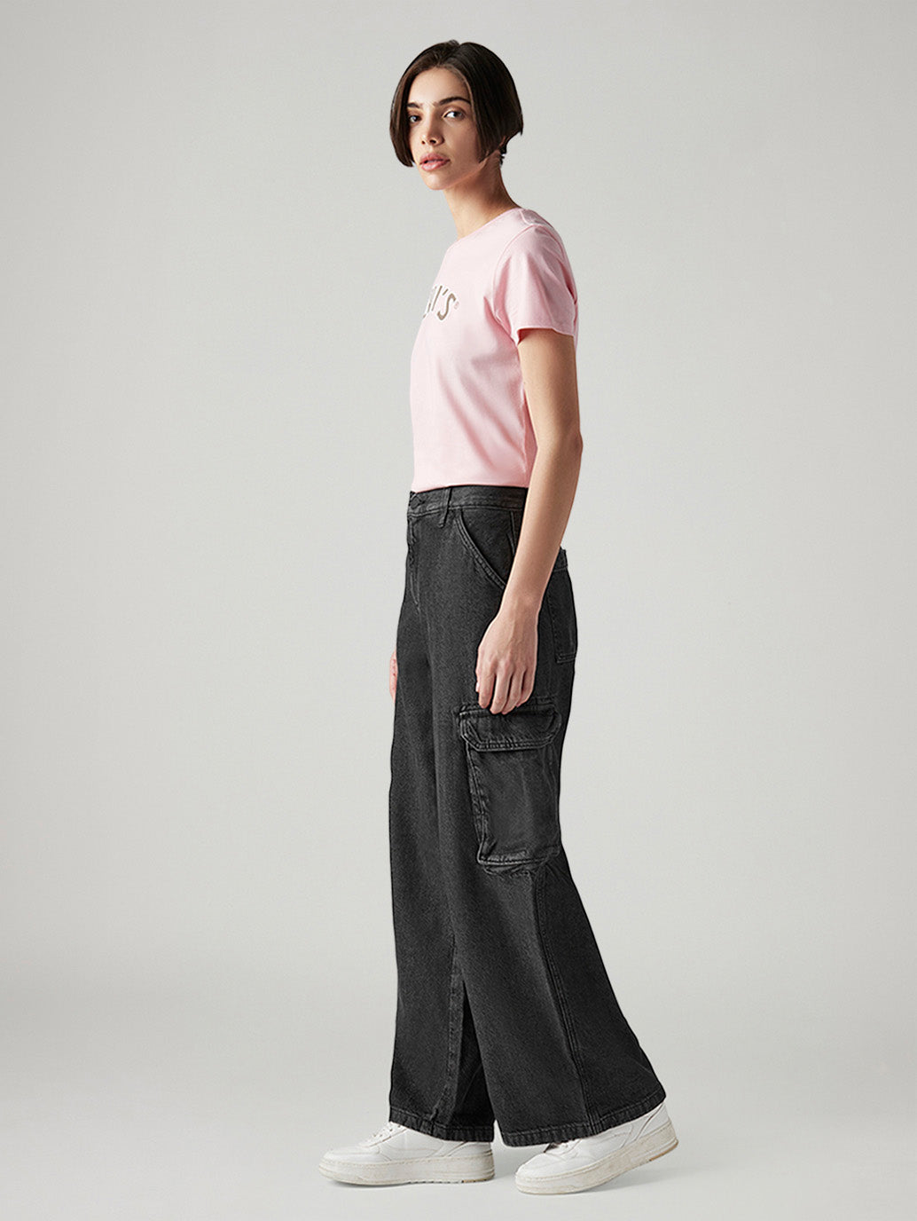 Women's XL Straight Loose Fit Mid Rise Cargo Jeans - Side View