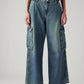 Women's Blue XL Straight Loose Fit Mid Rise Cargo Jeans - Front View