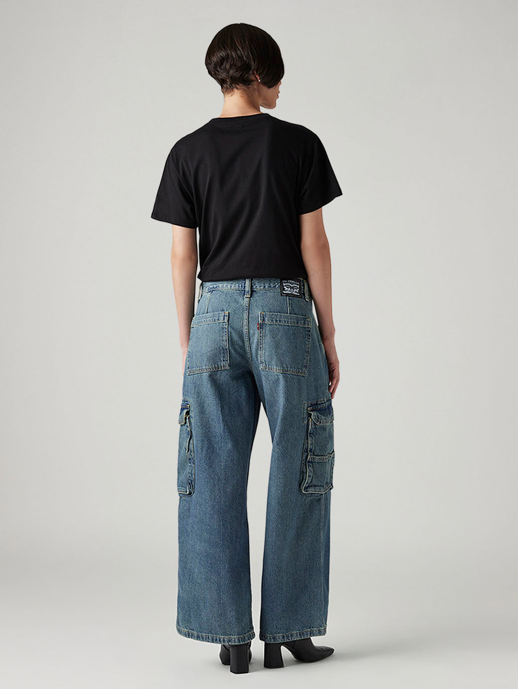 Women's Blue XL Straight Loose Fit Mid Rise Cargo Jeans - Back View