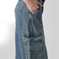 Women's Blue XL Straight Loose Fit Mid Rise Cargo Jeans - Detail View