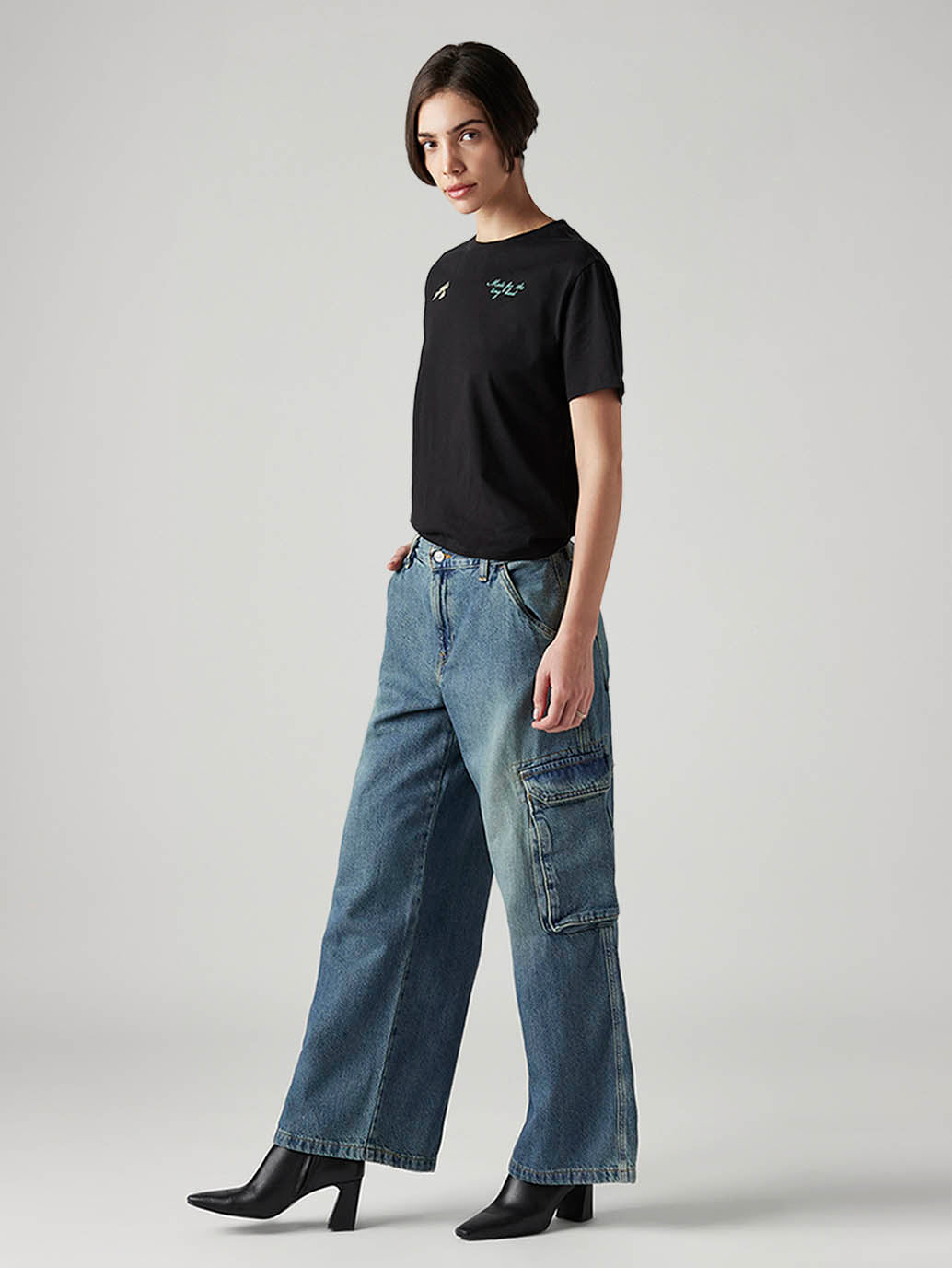 Women's Blue XL Straight Loose Fit Mid Rise Cargo Jeans - Side View