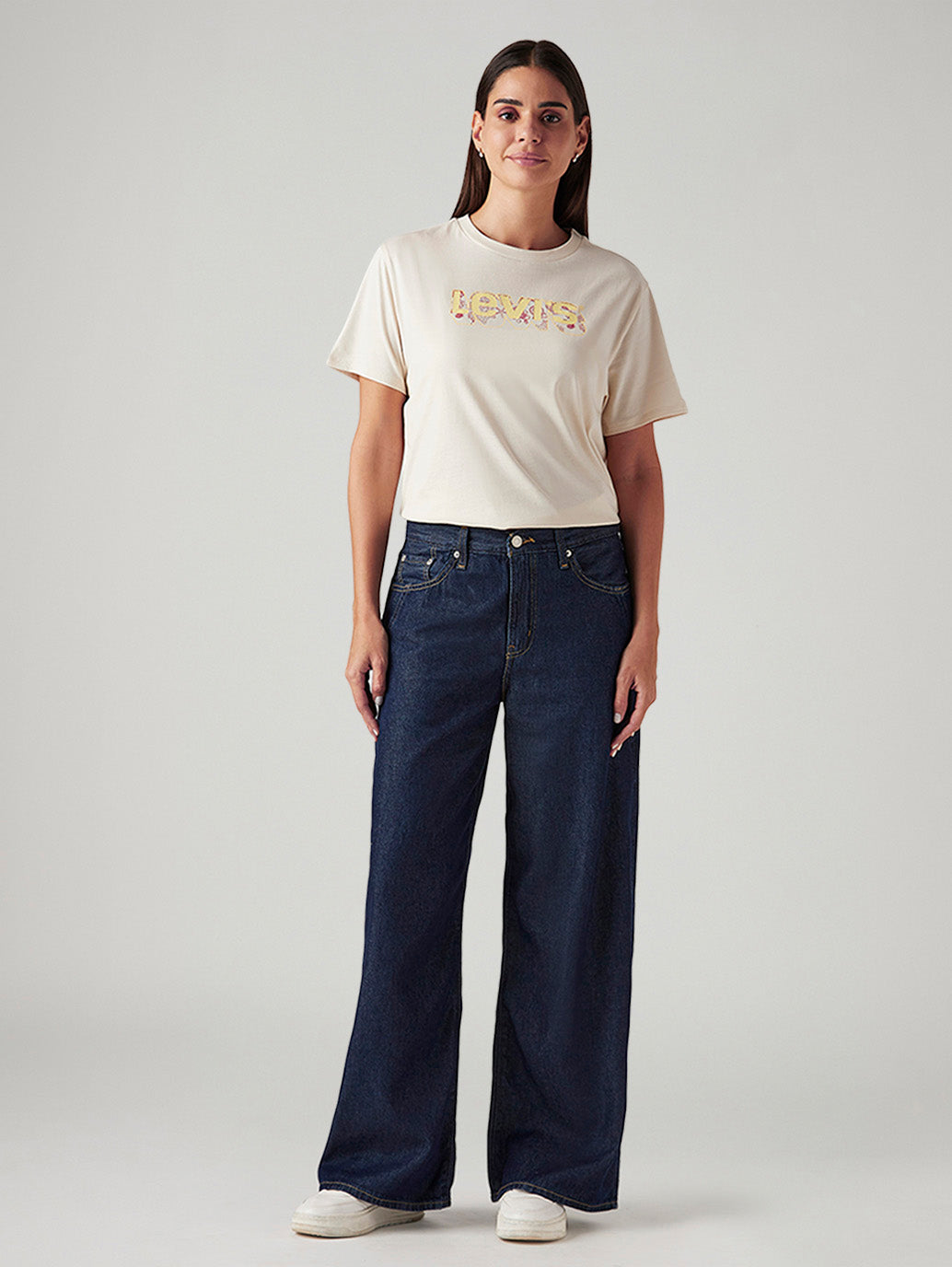 Women's Navy Loose Fit Mid Rise Jeans - Front View