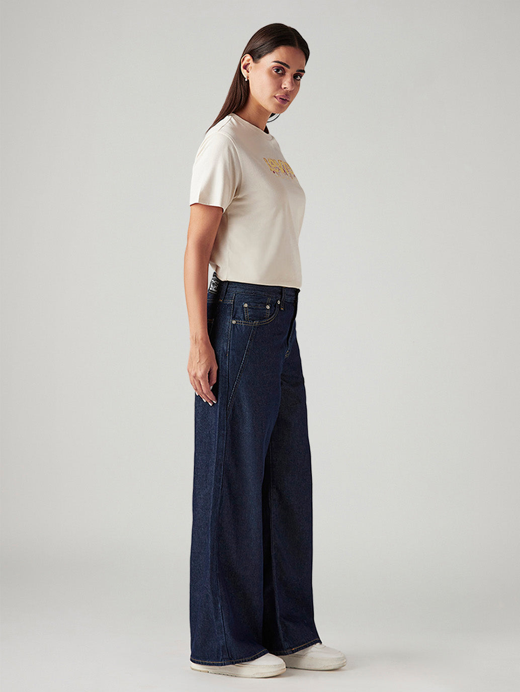 Women's Navy Loose Fit Mid Rise Jeans - Side View