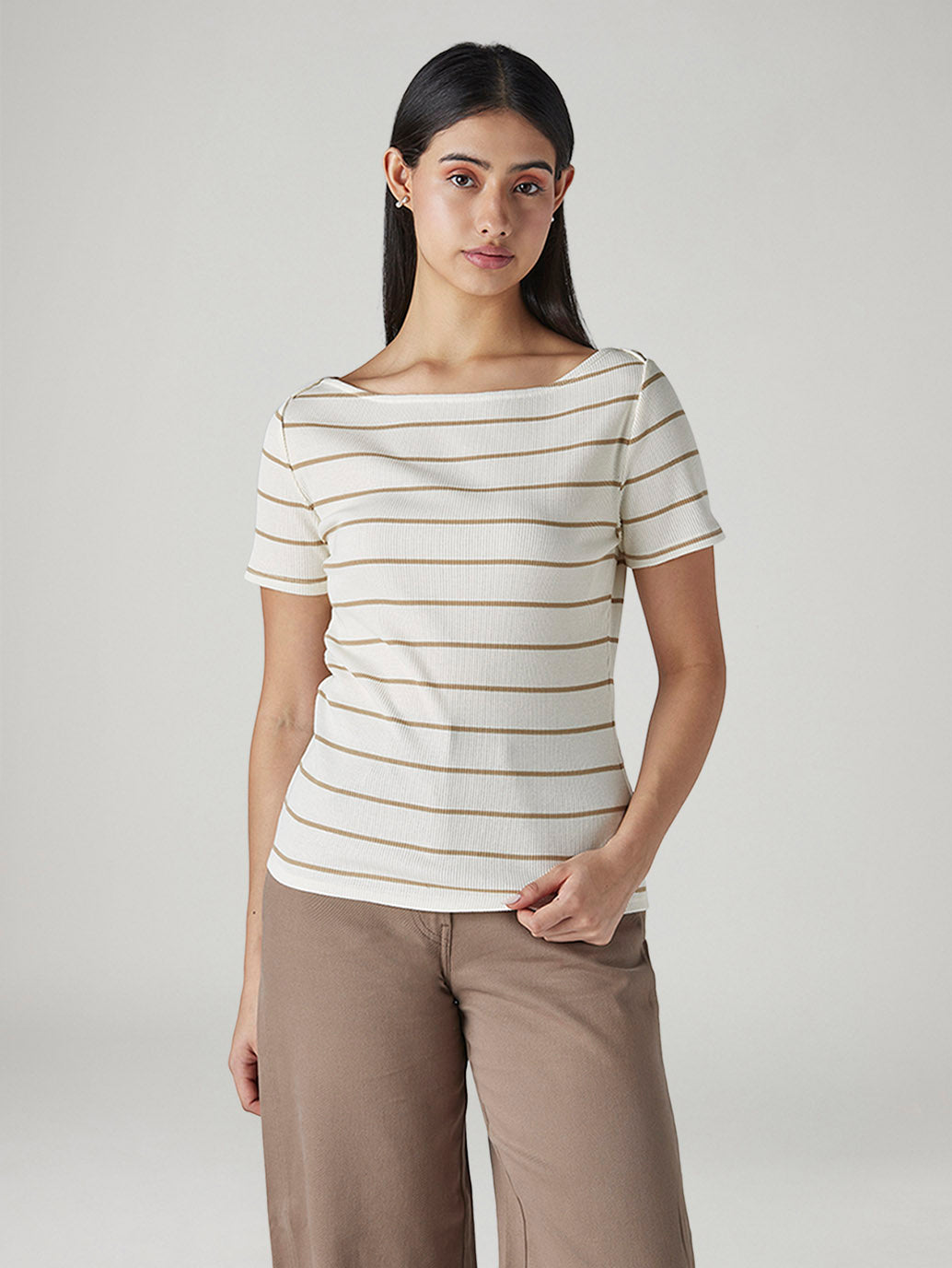 Women's Striped Slim Fit Ribbed Top - Front View