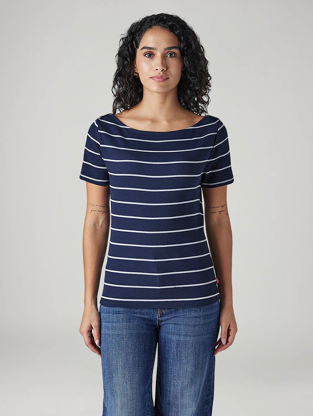 Women's Striped Slim Fit Ribbed T-Shirt - Front View