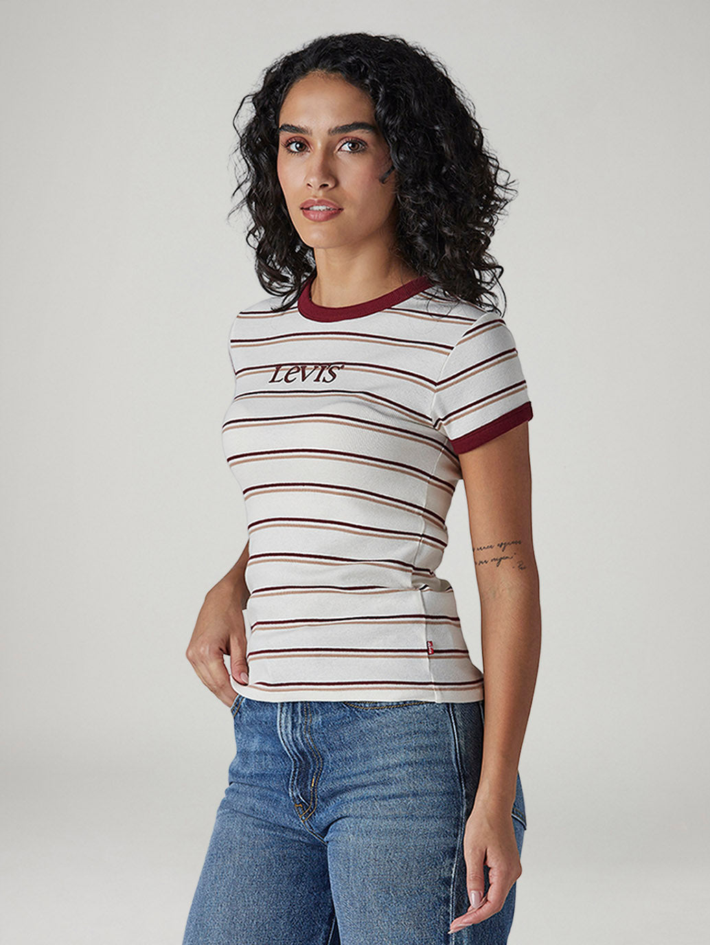 Women's Striped Slim Fit Ribbed T-Shirt - Side View