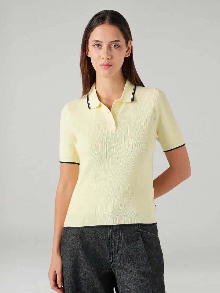 Women's Solid Regular Fit Ribbed Polo T-Shirt