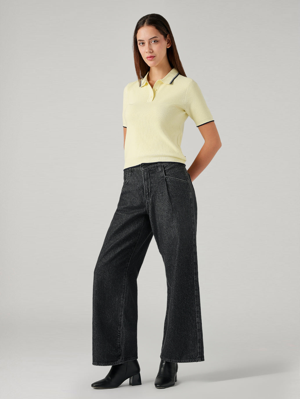 Women's Solid Regular Fit Ribbed Polo T-Shirt - Full View