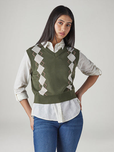 levi's Women's Argyle Olive V-Neck Sweater-picture-27
