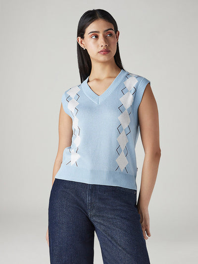 levi's Women's Argyle Light Blue V-Neck Sweater-picture-30