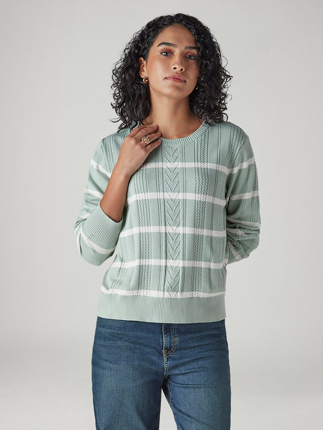 Women's Striped Regular Fit Cable Sweater